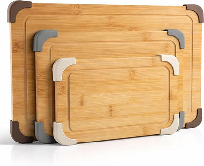 COOK WITH COLOR Non-Slip Cutting Board Set – Kitchen Essentials with Easy Grip Handle for Meat, Veggies, and Fruits, 3 Cutting Boards, Bamboo Non-Slip Brown