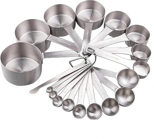 Measuring Cups and Spoons Set, 18/8 Stainless Steel Measuring Cups and Spoons for Kitchen & Baking, Heavy Duty Metric & US 8 Measuring cups, 9 Measuring Spoons Set