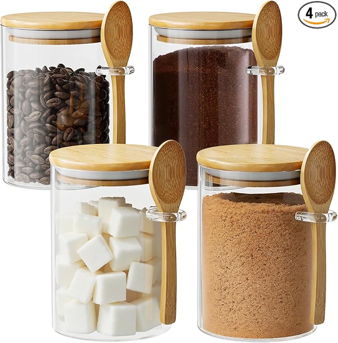 Glass Sugar Container with Spoon - 4 Pack 15oz Glass Jars with Bamboo Lid and Spoon, Bamboo Lid Storage Jar Containers for Coffee Beans, Spice, Brown Sugar, Tea, Flour, Nuts, Candy, Salts and More by OneDream