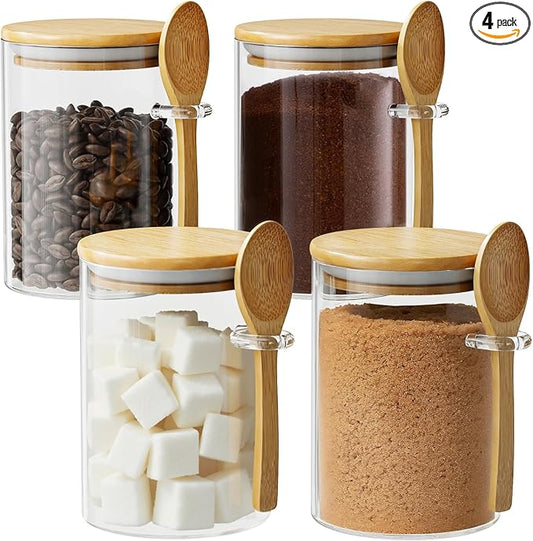 Glass Sugar Container with Spoon - 4 Pack 15oz Glass Jars with Bamboo Lid and Spoon, Bamboo Lid Storage Jar Containers for Coffee Beans, Spice, Brown Sugar, Tea, Flour, Nuts, Candy, Salts and More by OneDream