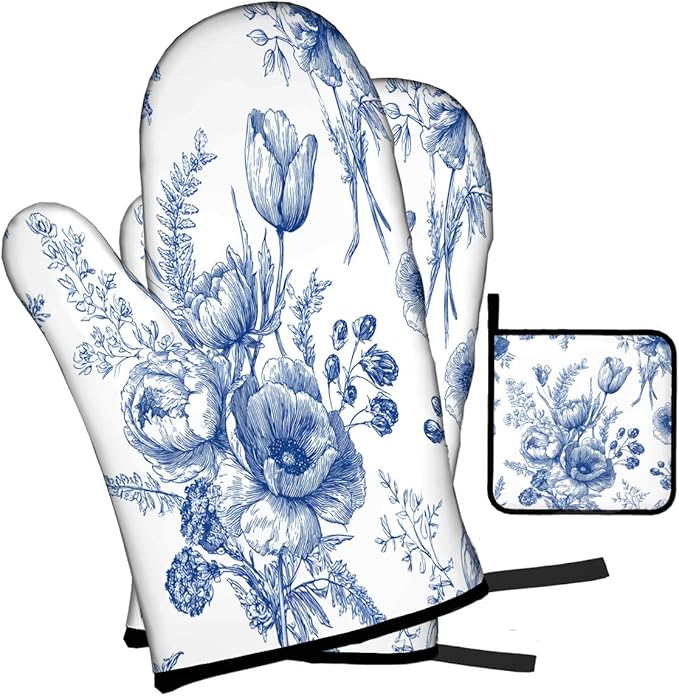 LOKMU Oven Mitts and Pot Holders Set of 3, White Blue Floral Vintage Flowers Heat Resistant Kitchen Gloves Hot Pads for Cooking Baking BBQ, Kitchen Decor Gifts for Cooking Lover Cooks
