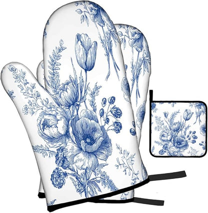 LOKMU Oven Mitts and Pot Holders Set of 3, White Blue Floral Vintage Flowers Heat Resistant Kitchen Gloves Hot Pads for Cooking Baking BBQ, Kitchen Decor Gifts for Cooking Lover Cooks