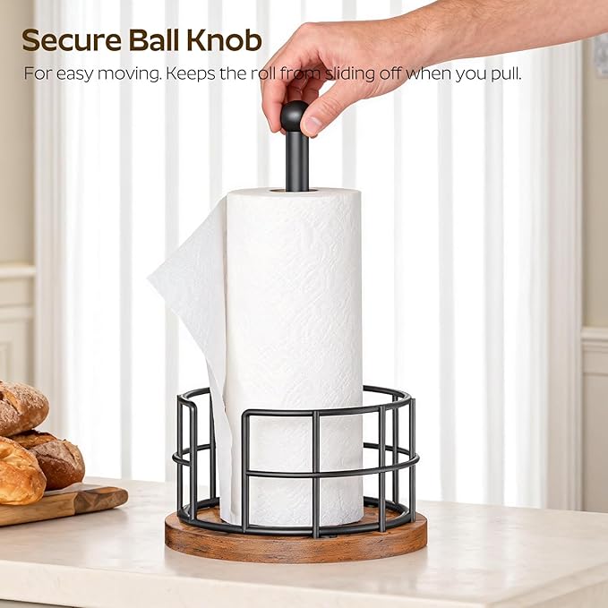 YATINEY Paper Towel Holder, Kitchen Paper Towel Holder for Countertop, Paper Towel Stand with Wooden Base, Freestanding Kitchen Roll Holder, for Standard Size Rolls, Rustic Brown CJ05BR