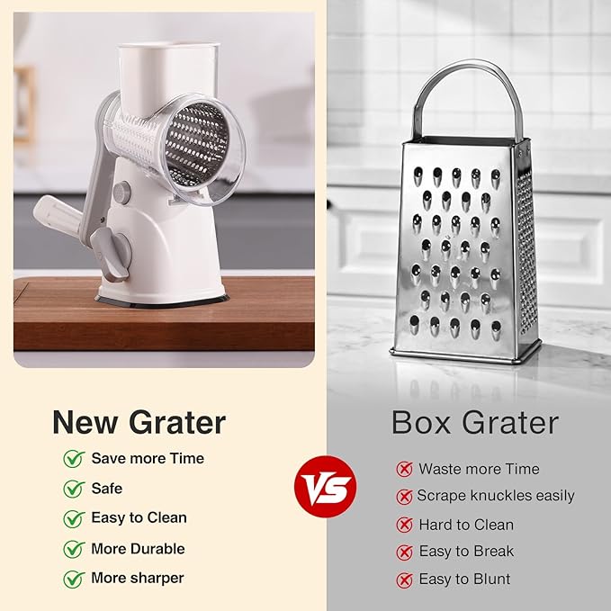 Rotary Cheese Grater Hand Crank, Kitchen Mandolin Vegetable Cheese Shredder with 3 Interchangeable Blades,Easy Clean Rotary Grater with Handle,Kitchen Grater Grinder for Cutting Cheese,Vegetable Nuts - Image 6