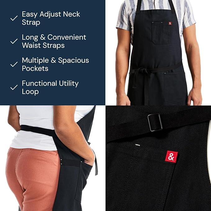 hedley & bennett Essential Apron - Professional Chef Apron with Pockets & Adjustable Bib Strap for Cooking & Grilling