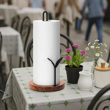 Wood Paper Towel Holder Countertop, Leaf-Shaped Accent Iron Rods with Anti Slip Weighted Base, Easy Tear Farmhouse Kitchen Towel Holder for Dining Table