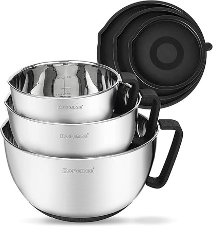 Rorence Stainless Steel Non-Slip Mixing Bowls With Pour Spout, Handle and Lid, Set of 3, Black by Rorence
