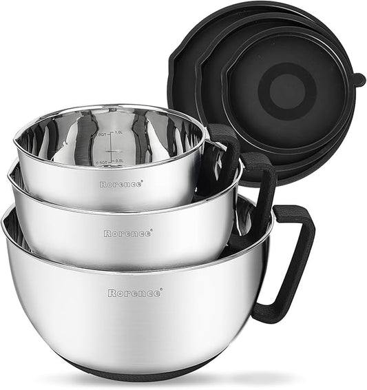 Rorence Stainless Steel Non-Slip Mixing Bowls With Pour Spout, Handle and Lid, Set of 3, Black by Rorence