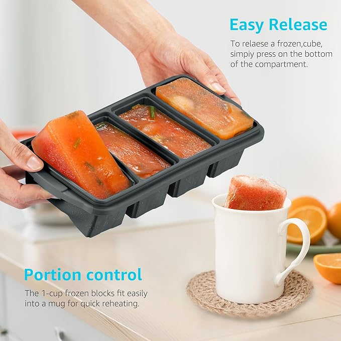 Ztomine Silicone Freezer Tray With Lid - Silicone Freezer Food Molds- Large Ice Cube Tray,Silicone Freezer Container,Freeze & Store Soup, Sauce, Broth,Leftovers - Makes 4 Perfect 1 Cup - Image 2