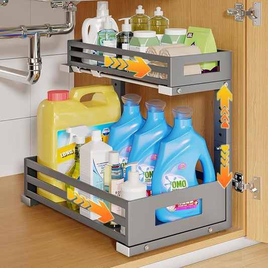 1-Pack Under Sink Organizers and Storage,2-Tier L Shape Pull Out Cabinet Organizer With Round Tube Slide Rails,Hight Adjustable Slide Out Drawers for Kitchen&Bathroom,Multi-Purpose Storage Shelf-Gray by UnderSinkOrganizer