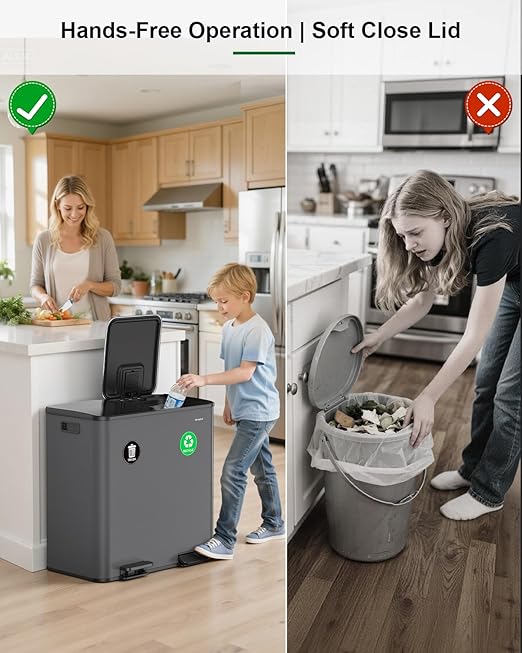 Lovewind 2×11.5 Gallon Dual Trash Can, Stainless Steel Dual Garbage and Recycling Can with Foot Pedal, 90° Stay-Open Lid, Pet-Proof Design – Large Dual Compartment Trash Recycling Bins Kitchen, Grey