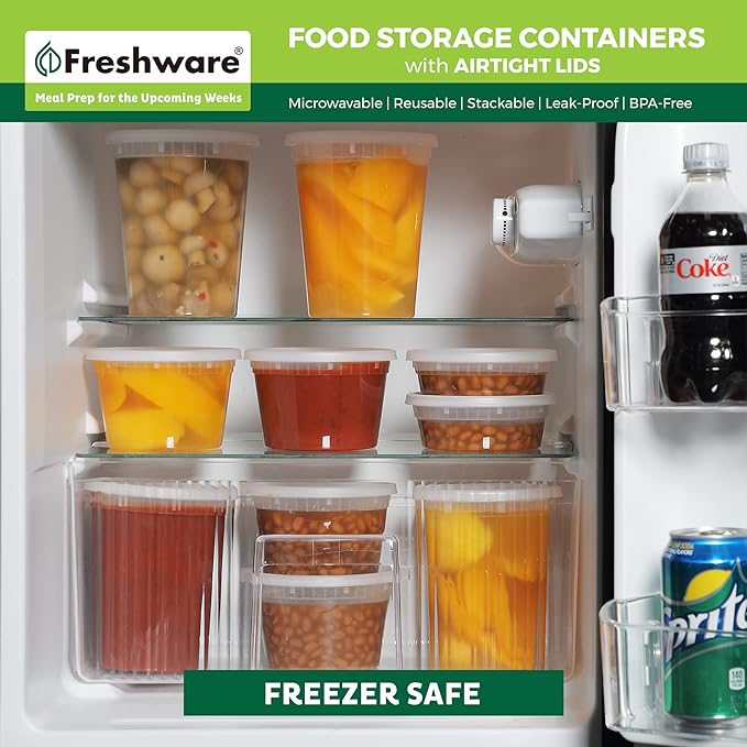 Freshware Food Storage Containers with Lids [60 Pack 8, 16, 32 oz, 20 sets each size] Plastic Deli Containers, Meal Prep Containers, Microwave and Freezer Safe, Stackable, Leakproof, BPA Free, Clear - Image 7