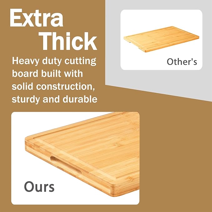 Allsum Bamboo Wood Cutting Boards for Kitchen, 1" Extra Thick Butcher Block with Juice Grooves & Handles Resisting to Warping and Cracking, Fancy Charcuterie Boards, 16"L x 11"W - Image 2
