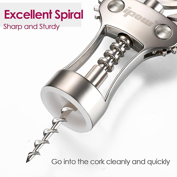 IPOW Wine Opener, Zinc Alloy Wine Bottle Opener, Wing Corkscrew Heavy Duty, Manual Multifunctional Cork Screw for Waiter, Satin Nickel - Image 2