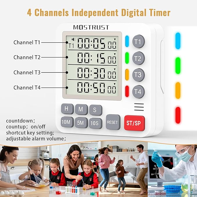 Digital Dual Kitchen Timer, 4 Channels Independent Countdown Timer, Large Display, On/Off, Loud Volume Alarm and Flashing Light with Magnetic Back, Stand, Battery Included (White) - Image 2