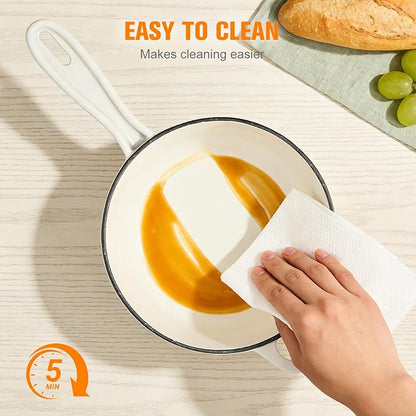 Enameled Cast Iron Sauce Pan, 2 Quart Saucepan with Lid, Small Cast Iron Pot Enamel Saucepan for Cooking Pasta Sauce, Gravy, Puddings, Marinate, Boiling (White)