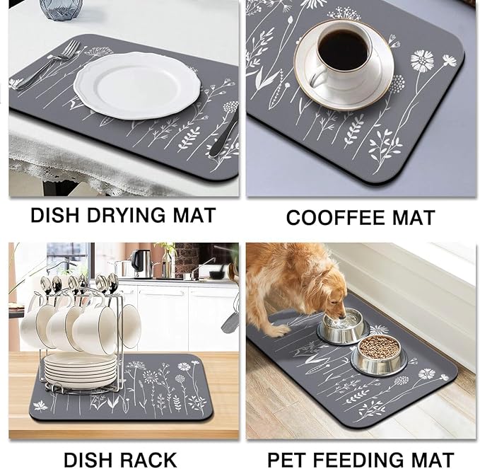 Dish Drying Mat for Kitchen Counter 2 Pack with Non-Slip Rubber Backing - Heat-Resistant Absorbent Coffee Bar Mat, Dish Rack Mat, Grey Flower Dish Drying Mats 18x24+19.5x12 inch