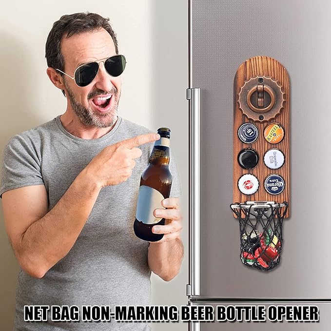 Magnetic Bottle Openers with Catcher, Wall Mounted Wooden Beer Bottle Opener, Personalised Traceless Bottle Opener, Home Bar Accessories for Kitchen, Outdoor, Ideal Beer Gifts for Men