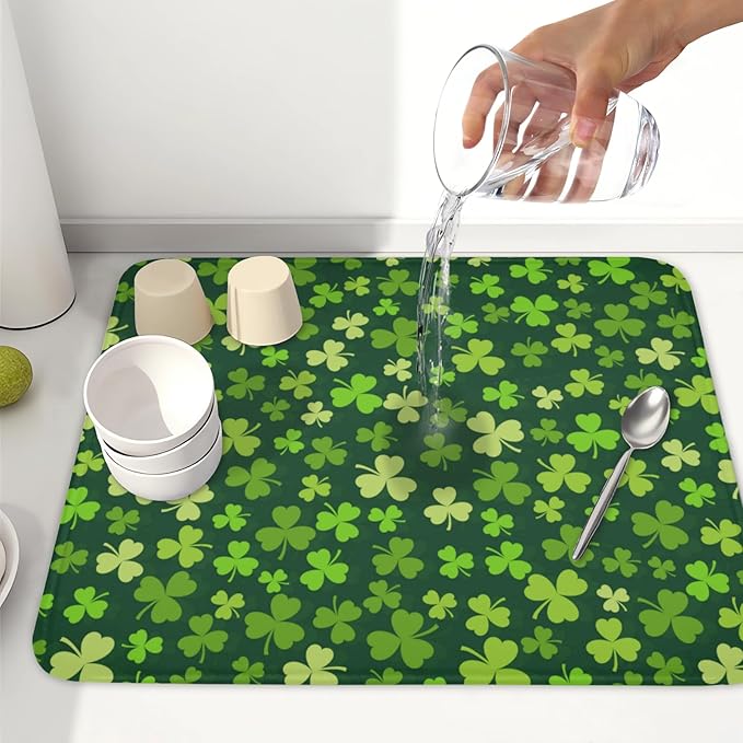 St. Patrick's Day Dish Drying Mat for Kitchen Counter,Irish Green Shamrocks Clover Leaves Drying Mat 16 x 18 Inch with Absorbent Reversible Microfiber Dish Drying Pad for Coffee Bar - Image 6