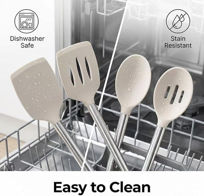 Vayvnt 4 Pieces Silicone Kitchen Spatula Utensils Set, Silicone Cooking Utensils for Non-Stick Cookware, Heat Resistant Silicone Utensils for Cooking, Kitchen Spatula Turner, Dishwasher Safe, Khaki