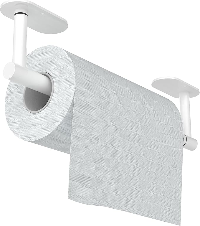 White Paper Towel Holder Under Cabinet, Self Adhesive or Wall Mounted SUS304 Stainless Steel Paper Towel Holder for Kitchen, Bathroom, Farmhouse, Barbecue and Laundry (White) by WZKALY