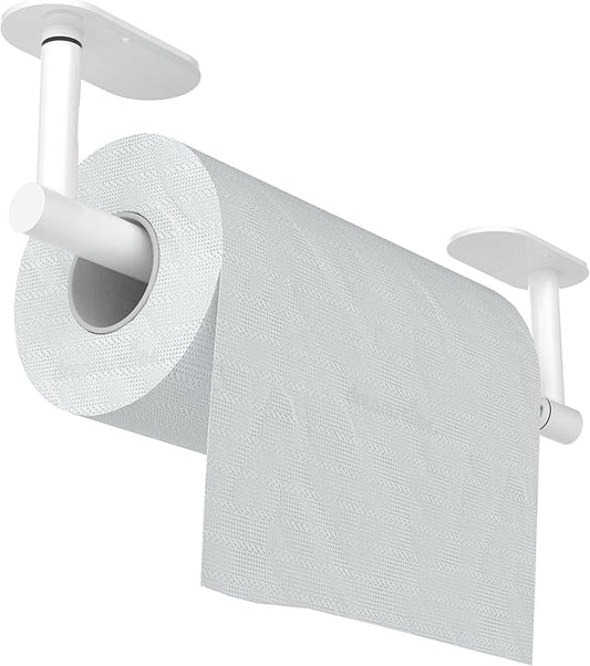 White Paper Towel Holder Under Cabinet, Self Adhesive or Wall Mounted SUS304 Stainless Steel Paper Towel Holder for Kitchen, Bathroom, Farmhouse, Barbecue and Laundry (White) by WZKALY