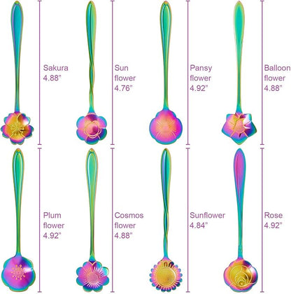 Chengu 8 Pieces Flower Coffee Tea Spoons Stainless Steel Sugar Spoons Tea Party Flower Fancy Tableware Set Stir Bar Creative Stirring Teaspoon, 8 Different Patterns(Rainbow Color) - Image 6