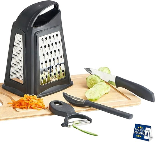 Hakan Grater, Chop and Peel Set | Handheld 3-Sided Grater with Multiple Shred Sizes, Y-Shaped Vegetable Peeler, I-Shaped Food Slicer & Spear Knife | Stainless Steel Kitchen Tools | Black, 4 Pcs