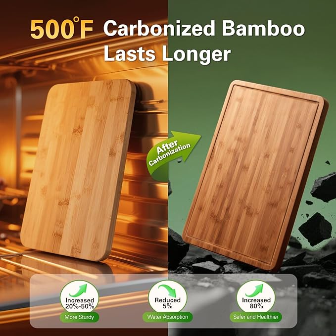 Zarler Bamboo Cutting Boards for Kitchen, 15.5x10.5 Wood Cutting Board with Juice Grooves and Handle, Wooden Chopping Board Set for Meal Prep, 500℉ Carbonized Bamboo, XL Size, Ideal Kitchen Gift