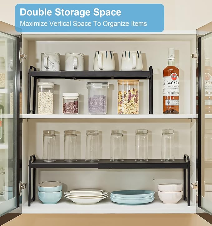 2 Pack Expandable Cabinet Countertop Shelves, Stackable Shelves Organizers For Kitchen Cabinet Countertop Storage, Adjustable Counter Cupboard Pantry Organizer Shelf Rack Stand, Length:20.5" - Image 6