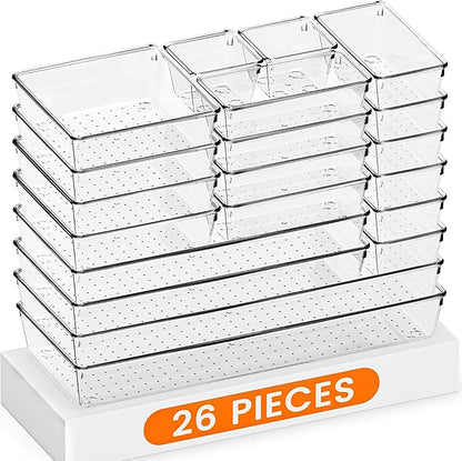 Criusia Drawer Organizer, 26 Pack Clear Plastic Drawer Organizer Bins, Versatile Organization and Storage Trays for Kitchen, Bathroom, Vanity Makeup and Office by Criusia