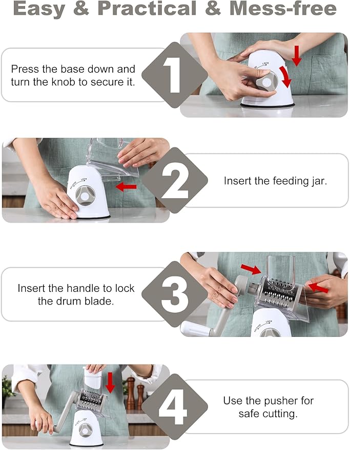 Cheese Grater Rotary, Rotary Grater for Kitchen, Kitchen Grater Vegetable Slicer with 3 Drum Blades, Fast Cutting Cheese Shredder for Vegetables and Nuts - Image 7