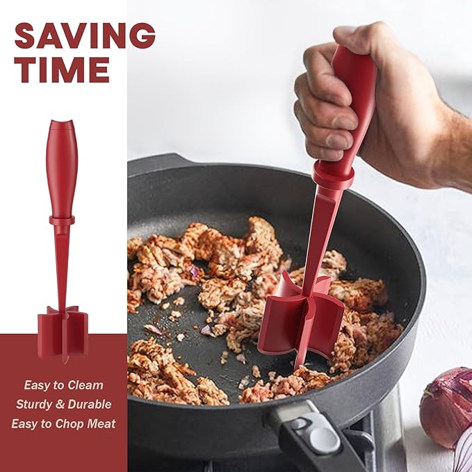 Meat Chopper, Upgrade Hamburger Smasher, Premium Heat Resistant Meat Masher for Ground Beef, Ground Turkey and More, Non Stick Mix Grinder-Red - Image 4