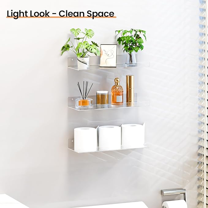 upsimples 4 Pack 15x6 Inches Acrylic Bathroom Shelves for Wall, Floating Bathroom Shelves Over Toilet, Storage Shelf for Toilet Paper, Towels and Toiletries, Clear - Image 2