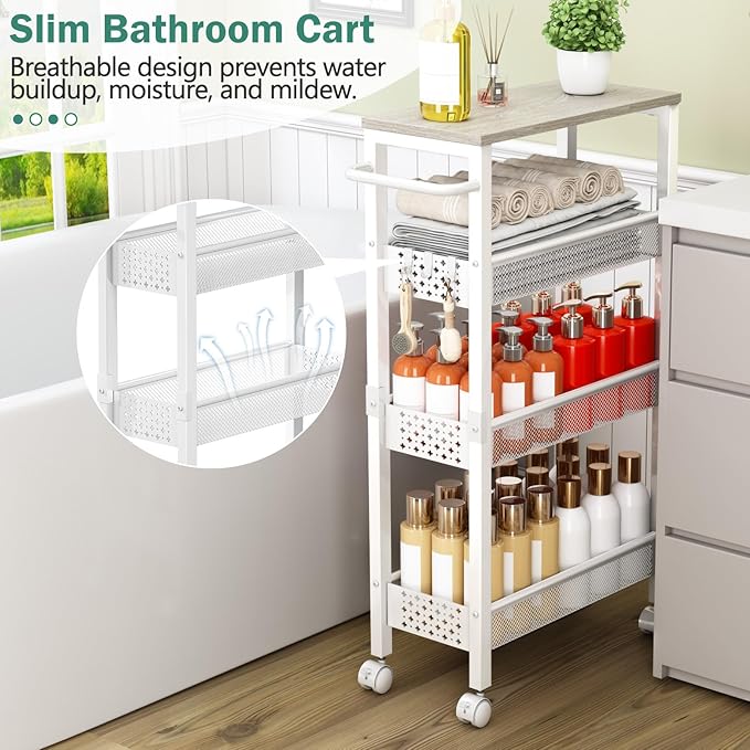 Vivihomety Utility Slim Storage Cart, 4 Tier Small Rolling Kitchen Laundry Room Cart with Wood Top, Metal Bathroom Storage Cabinet Mobile Shelf Unit Organizer Trolley with Handle for Narrow Space - Image 3
