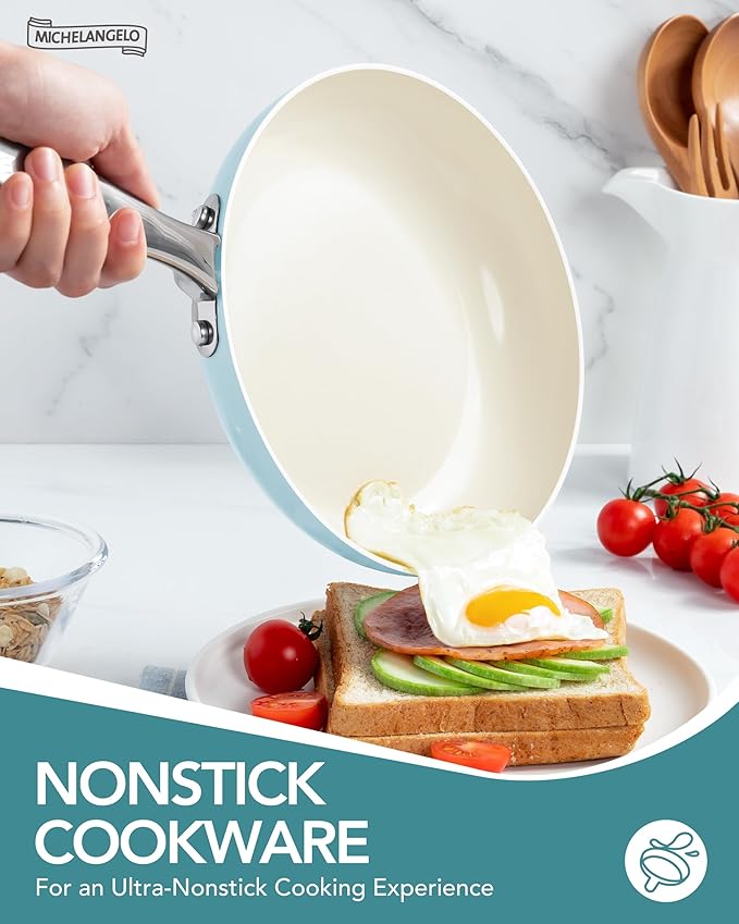MICHELANGELO Pots and Pans Set Non Stick, 8-Piece Ti-infused Ceramic Cookware Set with Silicone Utensils - Induction Compatible, Oven Safe, PFOA-Free, Blue - Image 2