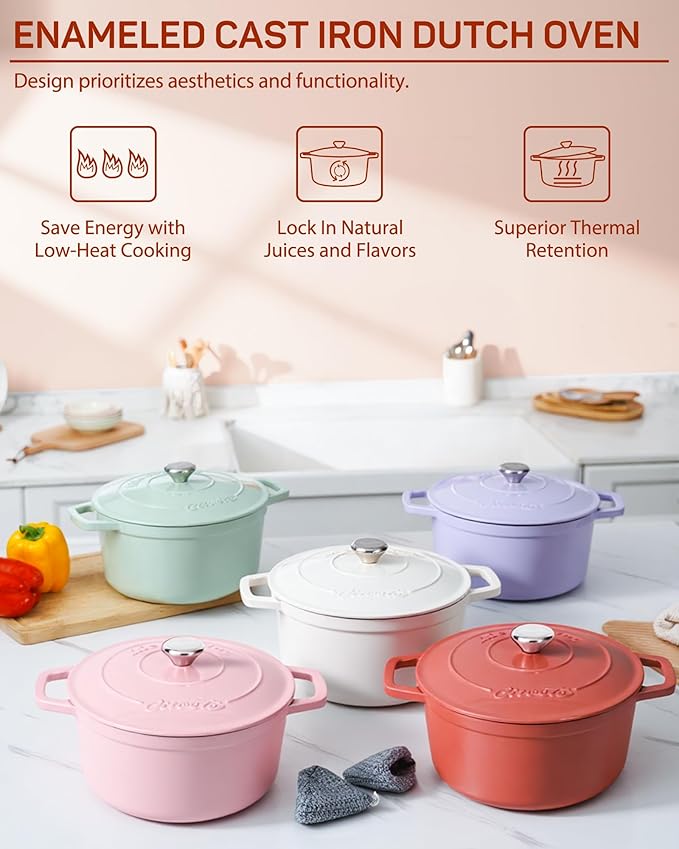 Ciwete Enameled Cast Iron Dutch Oven – 4.4 Quart Pot with Lid & Potholders – Heavy-Duty Cookware for Bread Baking, Braising, Stews & Roasting – Oven & Stovetop Safe up to 500°F – Red