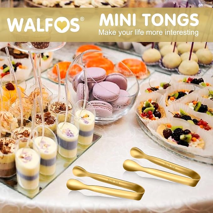 Walfos Small Gold Tongs For Serving,Food Grade Stainless Steel 4" Mini Tongs Appetizers for Parties Catering, Sugar，Desserts，Tea Party, Coffee Bar, Set of 12 （Gold） - Image 4