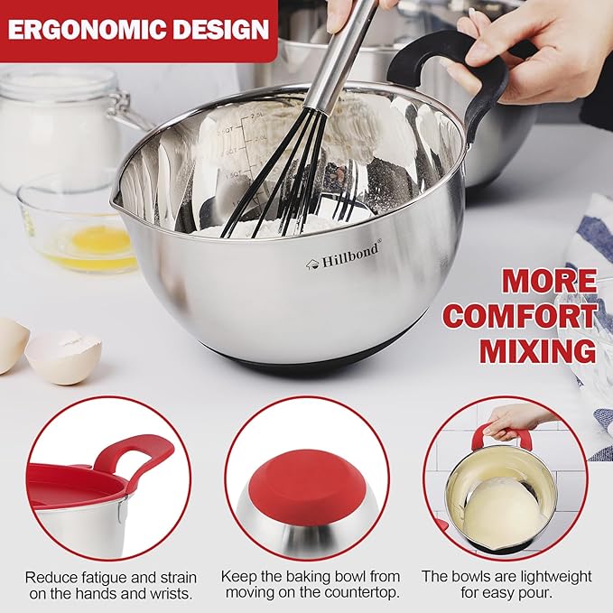 Hillbond Mixing Bowls with BPA Free Airtight Lids Nesting Bowls with Pour Spout, Silicone Handle and Non-Slip Bottoms for Baking, Stainless Steel Mixing Bowls Dishwasher Safe, 1.5, 3, 5 QT(Red)
