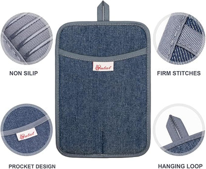 Yutat Oven Mitts, Pot Holders Set of 4 Made with Pure Cotton and Food Grade Non-Slip Silicone - 500 F Heat Resistant Oven Mitts and Pot Holders Sets for Kitchen Cooking (4pcs Set, Grey and Denim) - Image 5