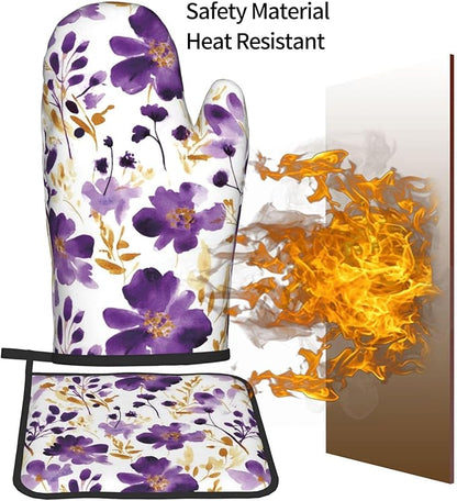 Spring Purple and Gold Floral Oven Mitts and Pot Holders Sets of 3, Non-Slip Heat Resistant Watercolor Flower Design Kitchen Gloves, Gifts for Women Cooking, Elegant Kitchen Decor for Baking Cooking - Image 7