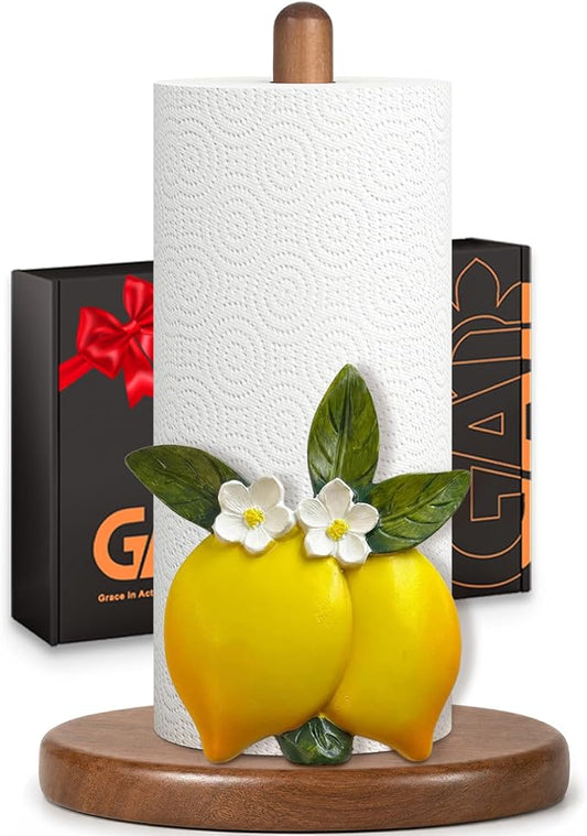 Lemon Paper Towel Holder, Yellow Lemon Kitchen Decor for Countertop, Gifts for Women, Wooden Stand with 3D Resin Fruit Accent, Non-Slip Base, Fits Standard & Jumbo Rolls