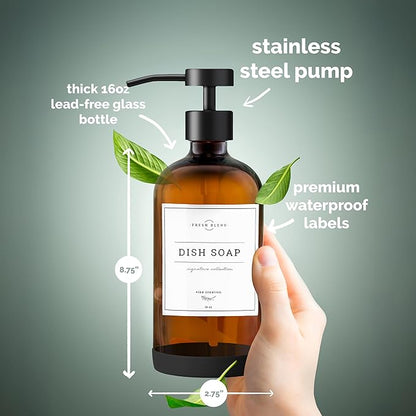 Vine Creations Amber Glass Soap Dispenser Set - Kitchen Soap Dispenser Set with Stainless Steel Pump - 16 oz Dish Soap and Hand Soap Dispensers for Bathroom with Silicone Pad & Waterproof Labels - Image 6