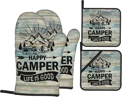 Happy Camper Oven Mitts and Pot Holders Sets of 4,Resistant Hot Pads with Polyester Non-Slip BBQ Gloves for Kitchen,Cooking,Baking,Grilling