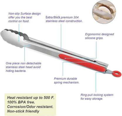 304 Stainless Steel Kitchen Cooking Tongs, 14" and 16" Set of 2 Sturdy Grilling Barbeque Brushed Locking Food Tongs with Ergonomic Grip, Red - Image 5