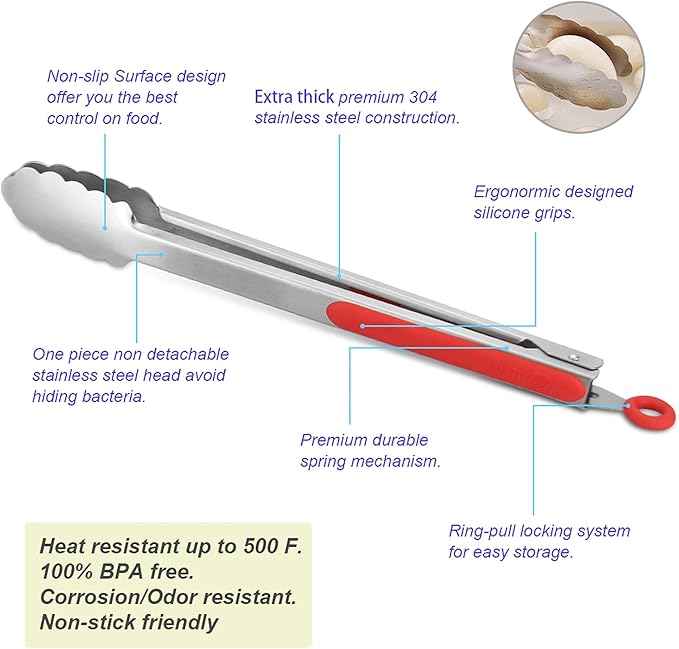 304 Stainless Steel Kitchen Cooking Tongs, 12" and 14" Set of 2 Sturdy Grilling Barbeque Brushed Locking Food Tongs with Ergonomic Grip, Red - Image 5