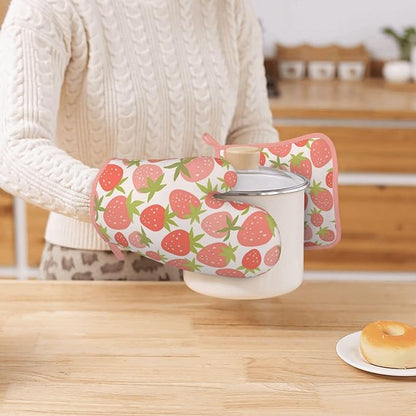 Strawberry Silicone Oven Mitts Pan Mats Set of 2, Heat Resistant Gloves Potholder with Non-Slip Grips Hanging Loops Pot Holder, Spring Summer for Chef Cooking, Baking, Grilling, BBQ