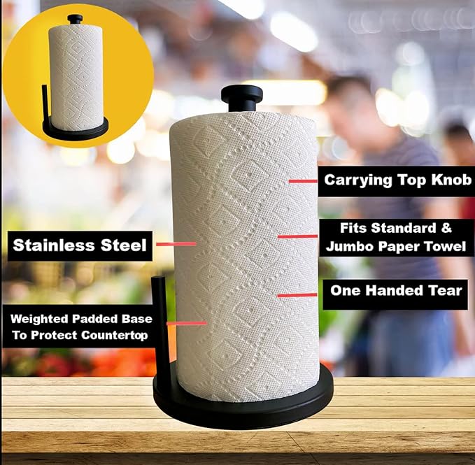 Black Paper Towel Holder Countertop Stainless Steel Paper Towel Stand with Weighted Non-Slip Base One-Handed Tear, Rust-Resistant Kitchen Roll Holder, Standard, Jumbo & Large Rolls - Image 6