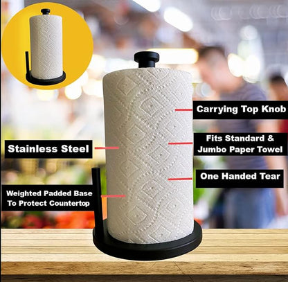 Black Paper Towel Holder Countertop Stainless Steel Paper Towel Stand with Weighted Non-Slip Base One-Handed Tear, Rust-Resistant Kitchen Roll Holder, Standard, Jumbo & Large Rolls - Image 6