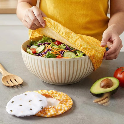Patelai 10 Pcs Bowl Covers Reusable in 5 Size Stretch Cloth Fabric Elastic Food Storage Bowl Covers Bread Sourdough Lids for Proofing Food Fruits Leftover (Yellow, White,Bee Style) - Image 2